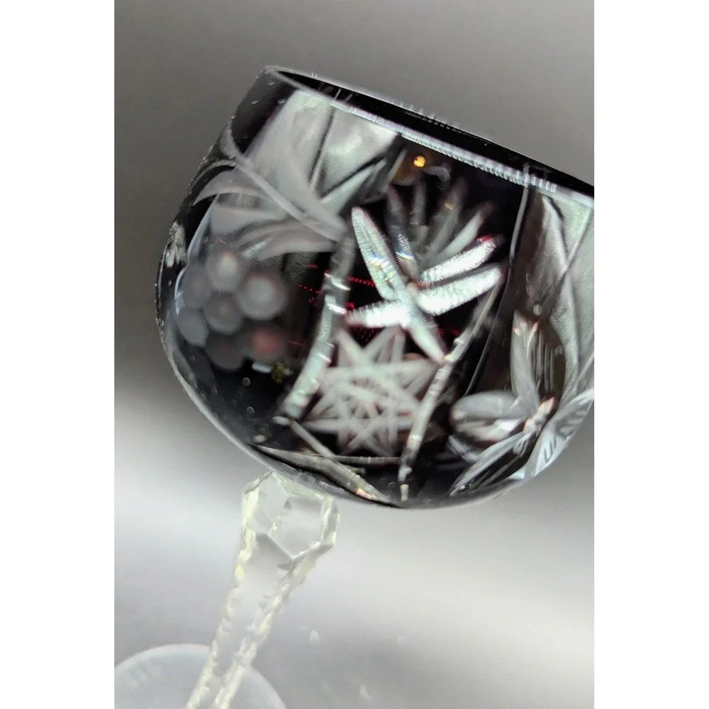 Vintage Bohemian Dark Cranberry Cut To Clear Wine Glass Stemware